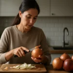 Žena krája cibuľu na doske v kuchyni