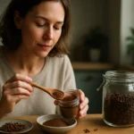 Žena pripravuje mletý klinček v kuchyni, zdravé korenie na varenie.