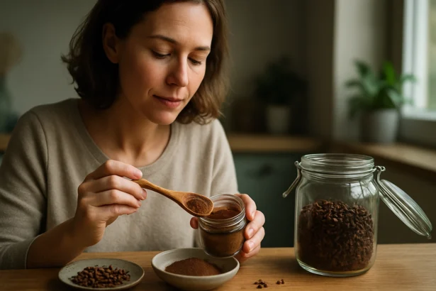 Žena pripravuje mletý klinček v kuchyni, zdravé korenie na varenie.