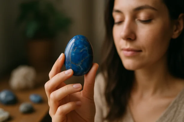 Žena s modrým jaspisom, symbolom energie a harmónie.