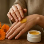 A woman applying calendula ointment on her hand with yellow flowers in the background.