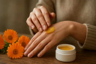 A woman applying calendula ointment on her hand with yellow flowers in the background.
