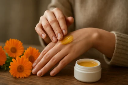A woman applying calendula ointment on her hand with yellow flowers in the background.
