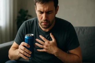 Muž cíkajúci s energetickým nápojom a bolesťou na hrudi.