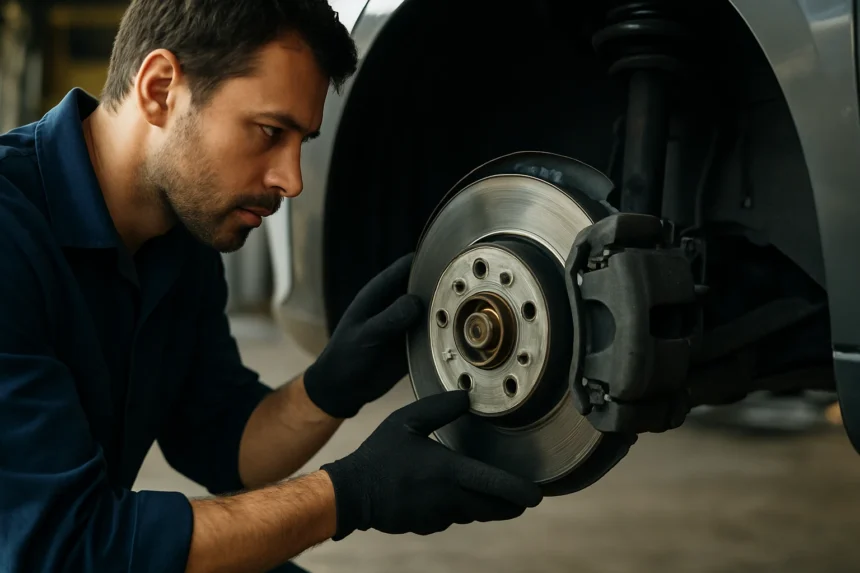 Mechanik kontroluje brzdový kotúč vo vozidle v autoservise