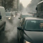 Znečistené mesto s dopravou a emisným dymom z áut