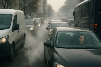 Znečistené mesto s dopravou a emisným dymom z áut