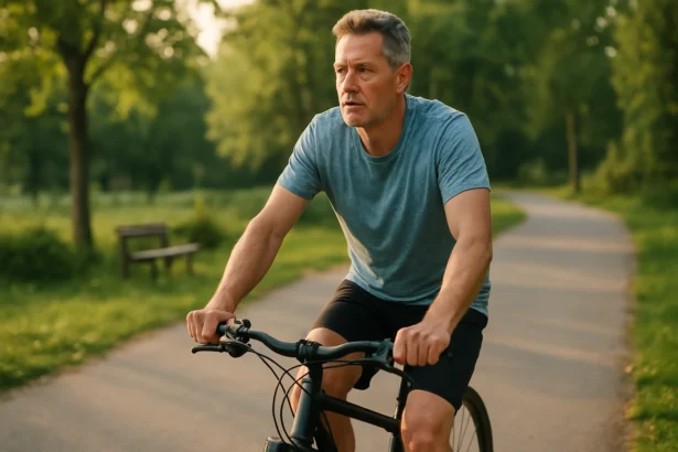 Muž bicyklujúci v parku, zlepšuje si zdravie prostaty.