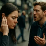 Žena si zakrýva uši pred hlukom, muž gestikuluje a rozpráva.