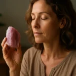 Žena meditujúca s ružovým turmalínom pre emocionálne uzdravenie.