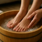 Žena si užíva soľný kúpeľ na nohy v drevenej mise.