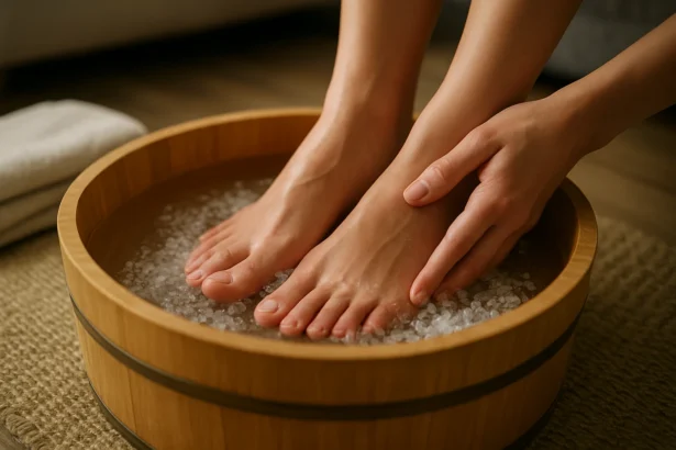 Žena si užíva soľný kúpeľ na nohy v drevenej mise.