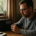 Muži počúvajú rádio pri stole, zameraný na prijímanie signálov.