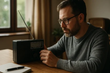 Muži počúvajú rádio pri stole, zameraný na prijímanie signálov.