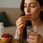 Žena užívajúca brusnicové tabletky s vodou a miskou brusníc