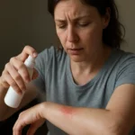 Žena používa sprej s Permetrínom na podráždenie kože.