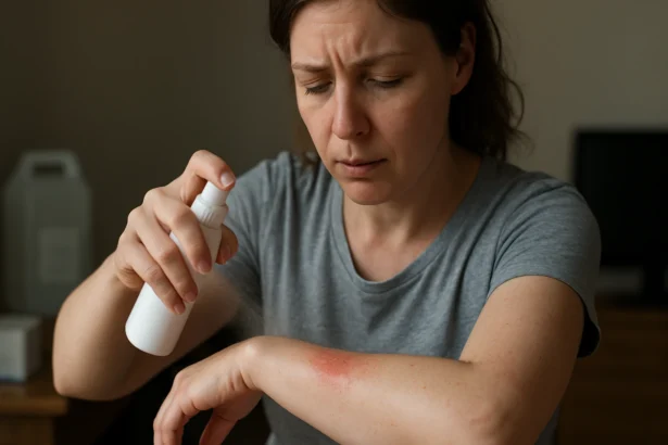 Žena používa sprej s Permetrínom na podráždenie kože.