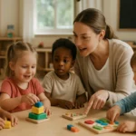 Deti hrajú vzdelávacie hry s učiteľom v materskej škole.