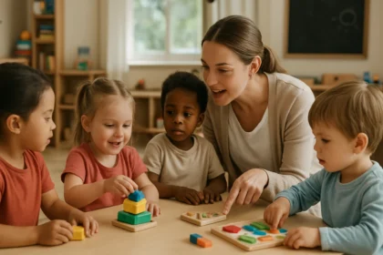Deti hrajú vzdelávacie hry s učiteľom v materskej škole.