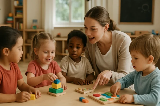Deti hrajú vzdelávacie hry s učiteľom v materskej škole.