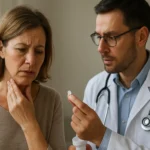 Žena so zdravotnými problémami hovorí s lekárom o Norcolute.