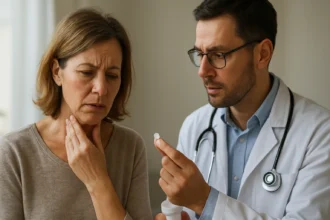 Žena so zdravotnými problémami hovorí s lekárom o Norcolute.