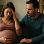 Tehotná žena zažíva stres, muž sa snaží poskytnúť podporu.