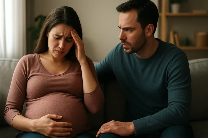 Tehotná žena zažíva stres, muž sa snaží poskytnúť podporu.