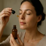 Žena aplikuje zlatý koloid na pleť pre zdravie a krásu