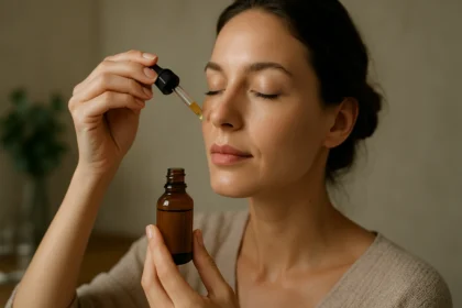 Žena aplikuje zlatý koloid na pleť pre zdravie a krásu