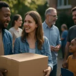 Skupina ľudí zapojená do komunitnej aktivity s krabicou darov