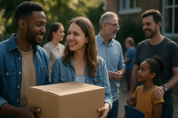 Skupina ľudí zapojená do komunitnej aktivity s krabicou darov