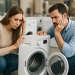 Pár znepokojený nad sušičkou bielizne v obchode.