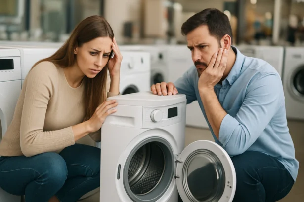 Pár znepokojený nad sušičkou bielizne v obchode.