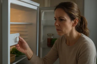 Žena nastavuje termostat v chladničke pre efektívne chladenie.