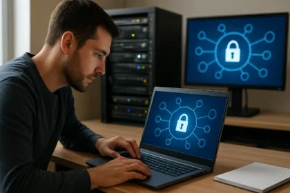 Expert working on RADIUS server with network security visuals