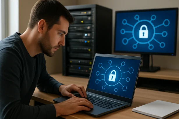 Expert working on RADIUS server with network security visuals
