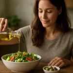 Žena pridáva olivový olej do čerstvého šalátu
