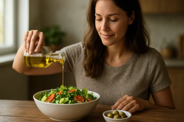 Žena pridáva olivový olej do čerstvého šalátu