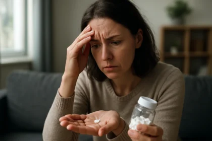 Žena s vážnym výrazom drží liek metformín a zrejme pociťuje vedľajšie účinky.