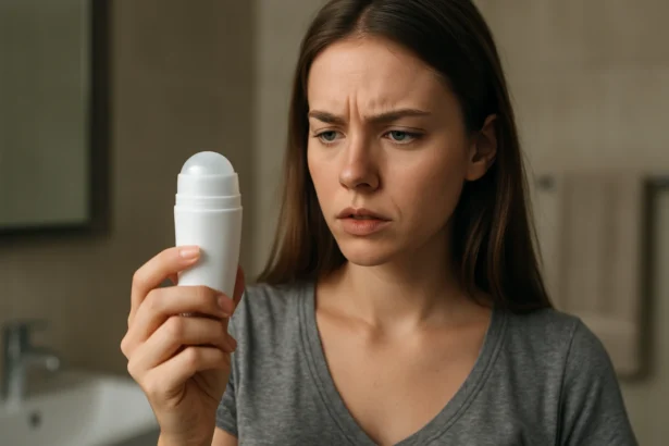 Žena skúma guľôčkový deodorant v kúpeľni.