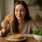 Žena s úsmevom drží placku pred tanierom s ďalšími plackami a miskou šalátu.