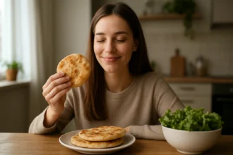 Žena s úsmevom drží placku pred tanierom s ďalšími plackami a miskou šalátu.