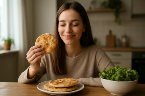 Žena s úsmevom drží placku pred tanierom s ďalšími plackami a miskou šalátu.