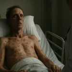 Zranený muž v nemocnici po poškodeniu atómovou bombou.