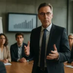 Podnikateľ diskutujúci o úlohách štátu v ekonomike na rokovaní.