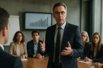 Podnikateľ diskutujúci o úlohách štátu v ekonomike na rokovaní.