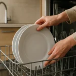 Žena naloženie riadu do umývačky riadu pre žiarivo čistý riad