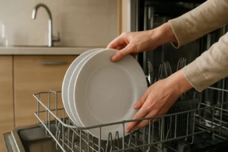 Žena naloženie riadu do umývačky riadu pre žiarivo čistý riad