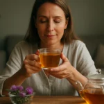 Žena vychutnáva čaj z pestreca mariánskeho s bylinkami.